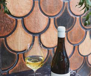 White wine in front of tiled wall