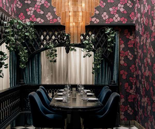 Table beneath chandelier