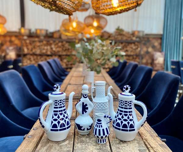 Table set with blue and white china